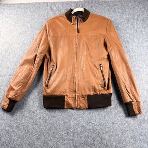 Mario Hernandez Leather Bomber Jacket Tan Brown Mens SZ 40 Zip Front Ribbed Trim